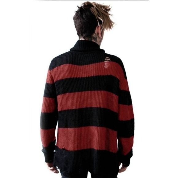 Killstar Seven Knit Sweater | Blood Red Distressed Raw Hem Extra Long Striped - Picture 3 of 8